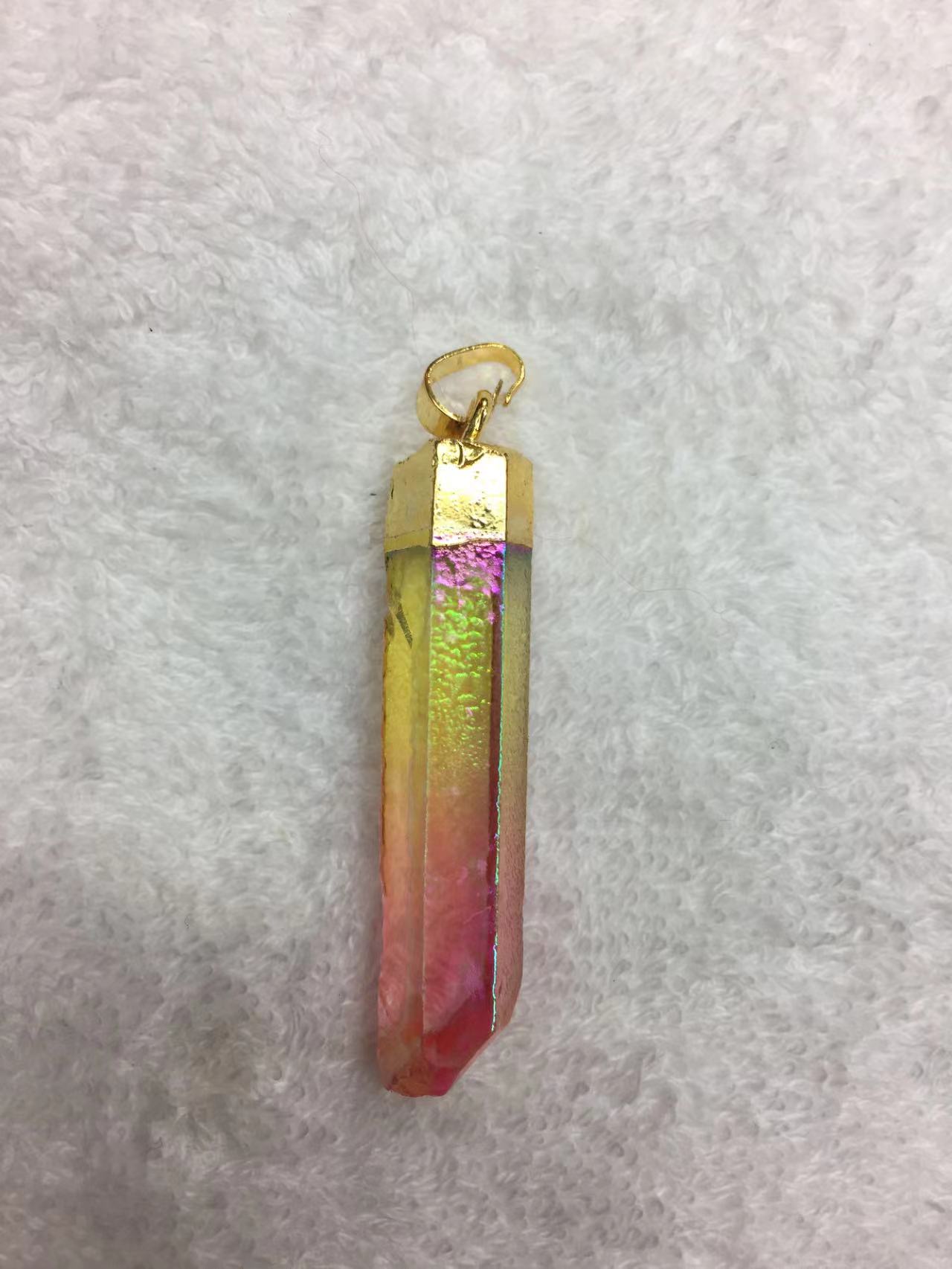 Crystal Pillar Pendant,AB(Aurora Borealis) Plated 3 Colors,Diameter 8-12mm,Longness 40-50mm,Top Golden Color 